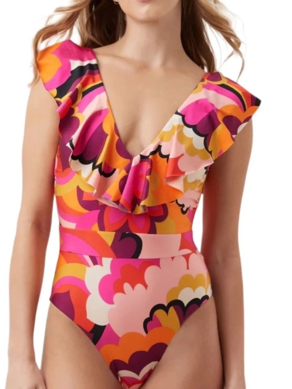 Trina Turk Fan Faire Ruffle Plunge One Piece Swimsuit, Pink/Orange, size 12, NWT